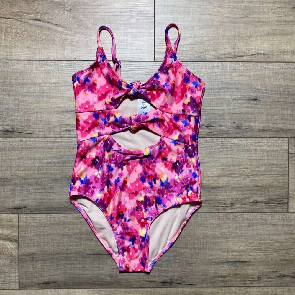 Art Class Girls Painted Garden‎ Floral Printed One Piece Swimsuit Large Pink